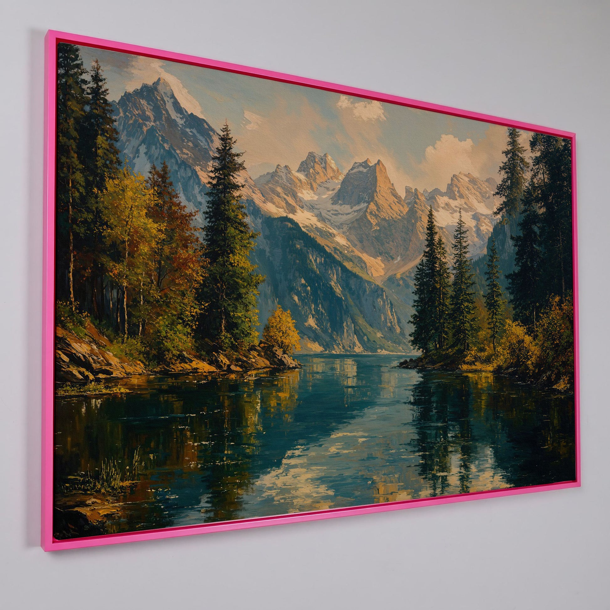 Serene Lake and Mountain Landscape Canvas in pink floating frame