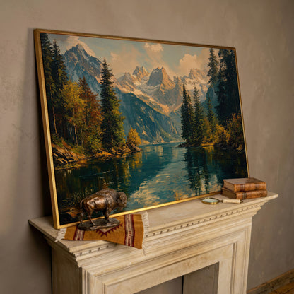 Serene Lake and Mountain Landscape Canvas in rose gold floating frame