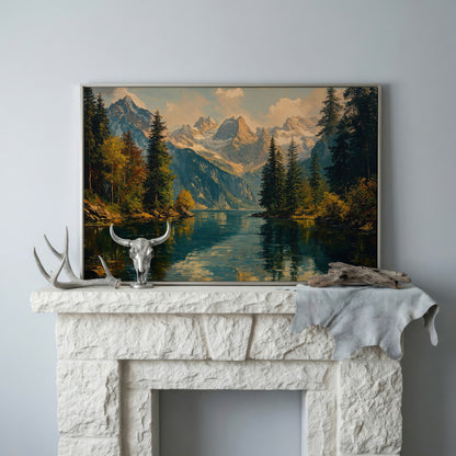 Serene Lake and Mountain Landscape Canvas in silver floating frame
