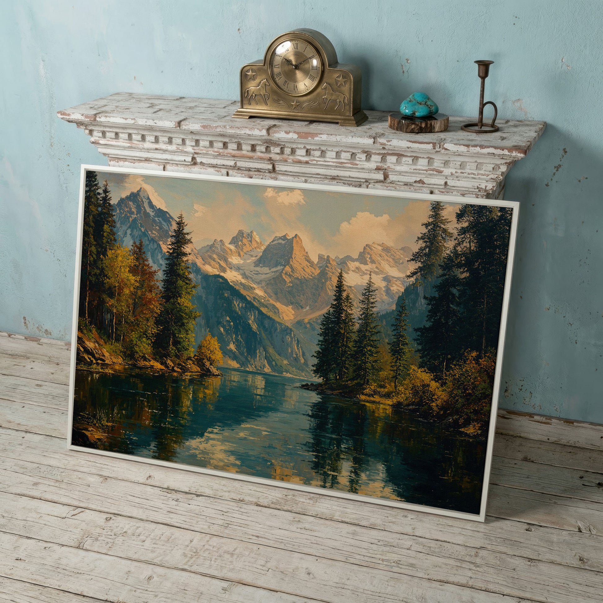 Serene Lake and Mountain Landscape Canvas in white floating frame