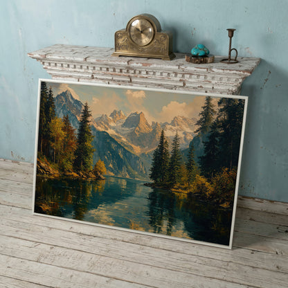 Serene Lake and Mountain Landscape Canvas in white floating frame
