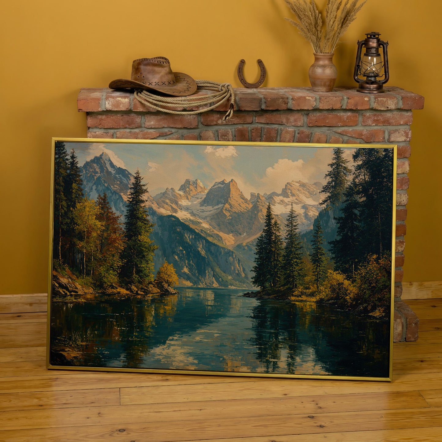 Serene Lake and Mountain Landscape Canvas in yellow gold floating frame