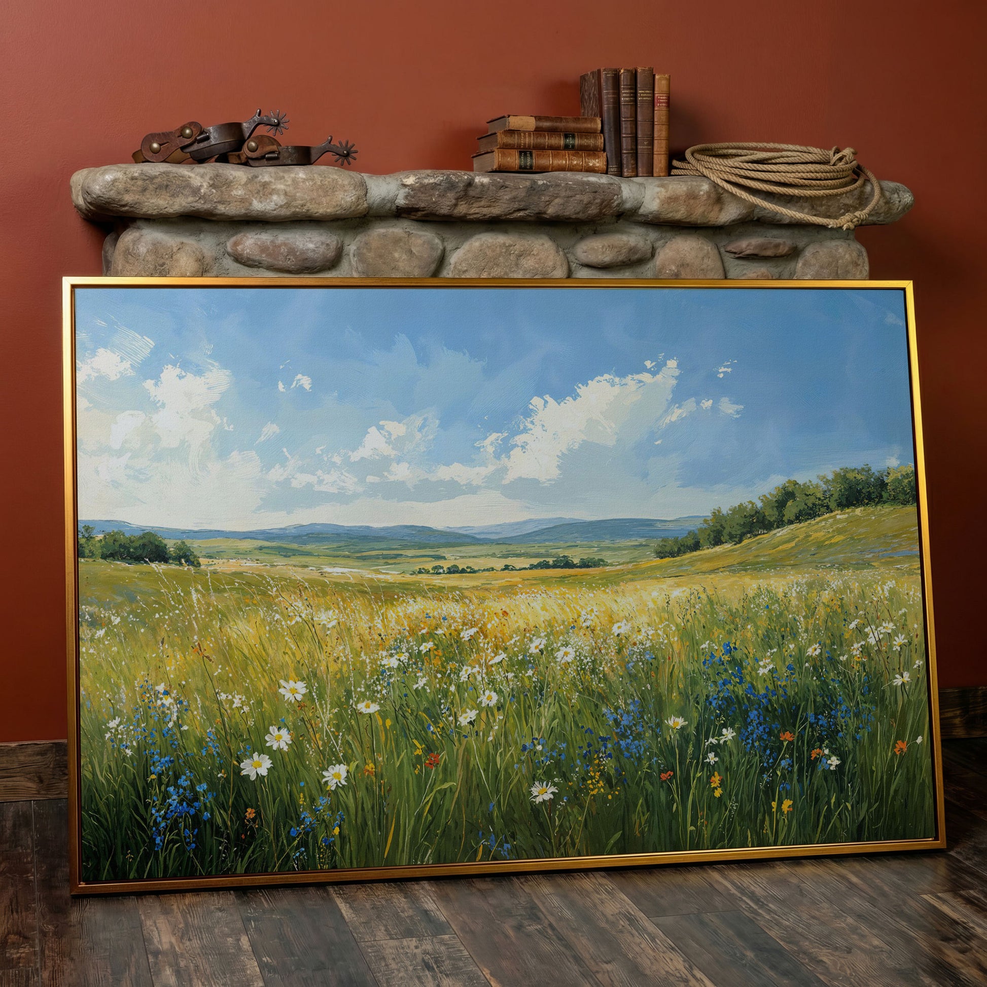 Serene Countryside with Wildflowers Canvas in antique gold floating frame