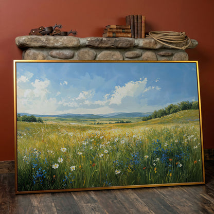 Serene Countryside with Wildflowers Canvas in antique gold floating frame