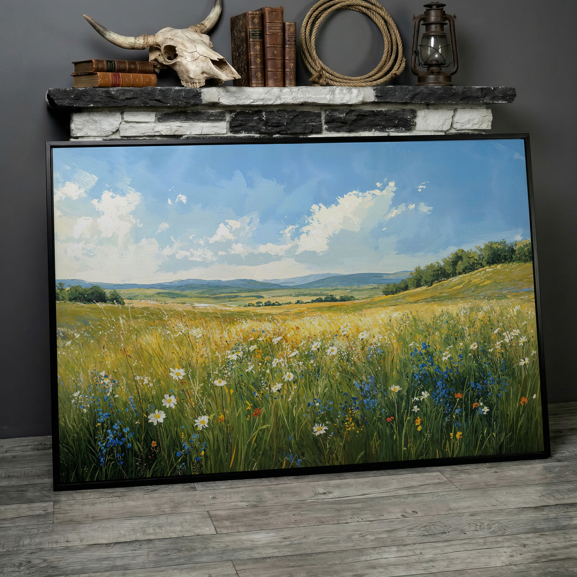 Serene Countryside with Wildflowers Canvas in black floating frame