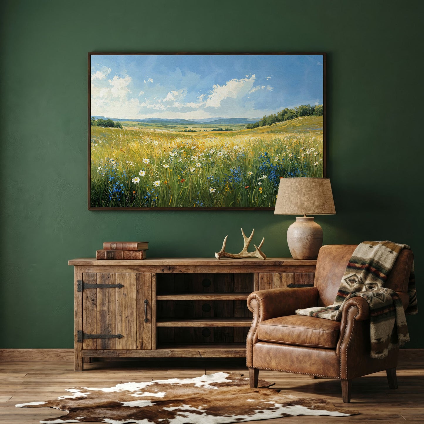 Serene Countryside with Wildflowers Canvas in dark walnut floating frame
