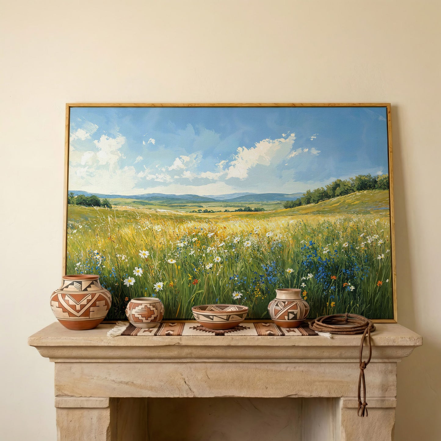 Serene Countryside with Wildflowers Canvas in white oak floating frame
