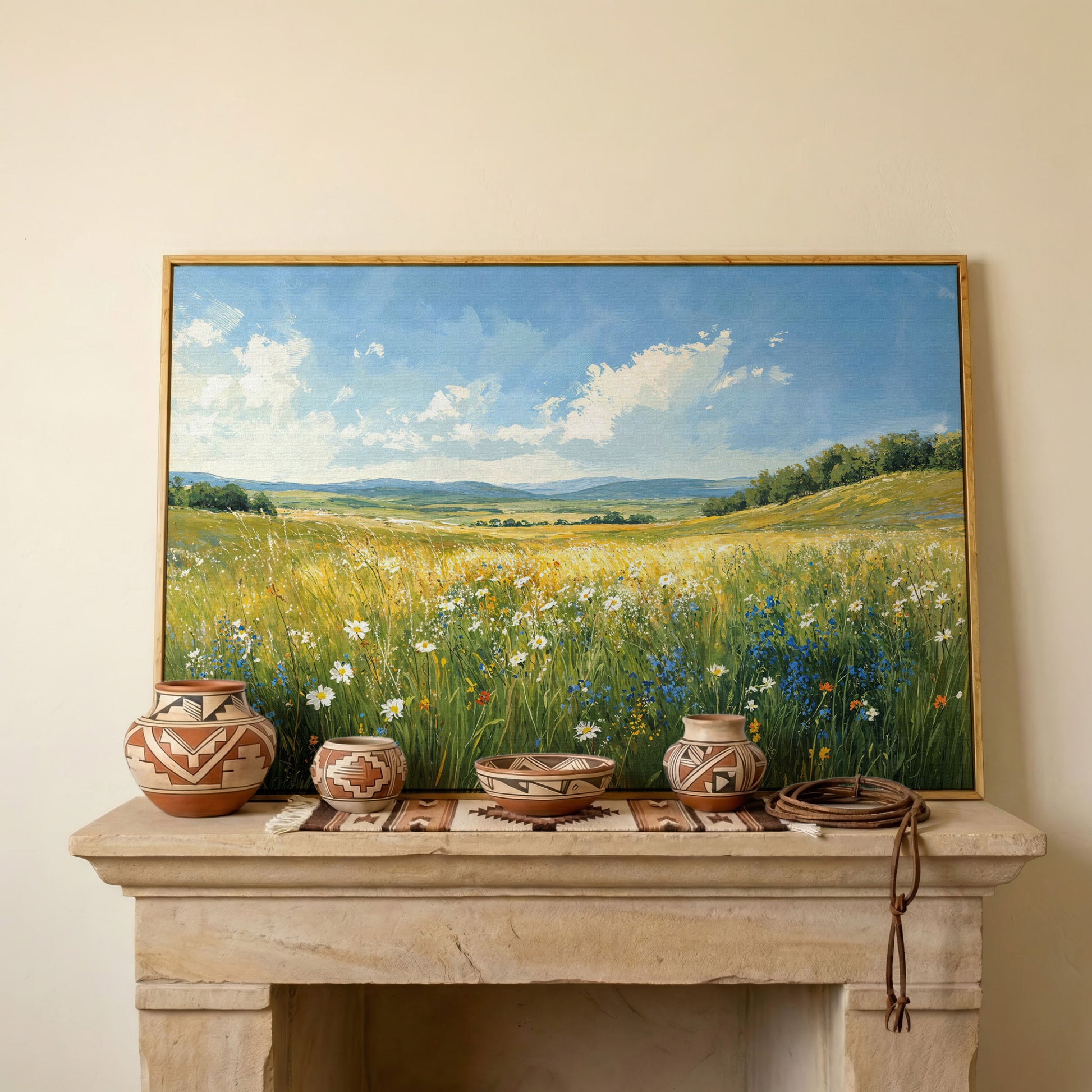 Serene Countryside with Wildflowers Canvas in white oak floating frame