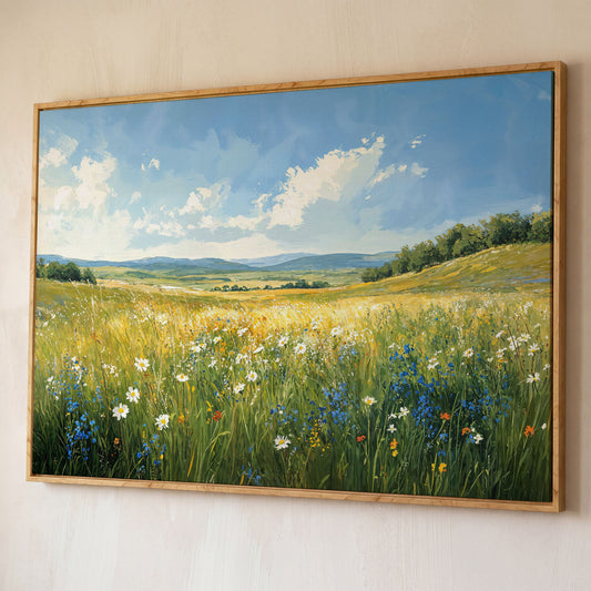 Serene Countryside with Wildflowers Canvas shown in white oak floating frame
