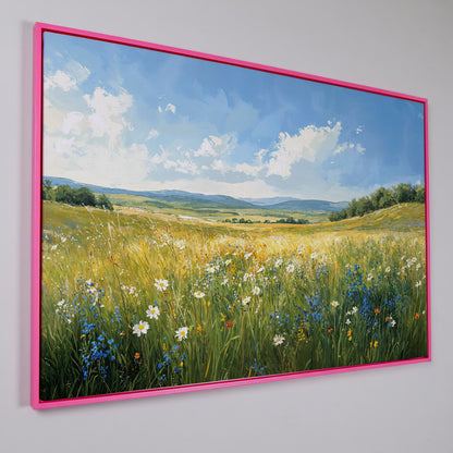 Serene Countryside with Wildflowers Canvas in pink floating frame