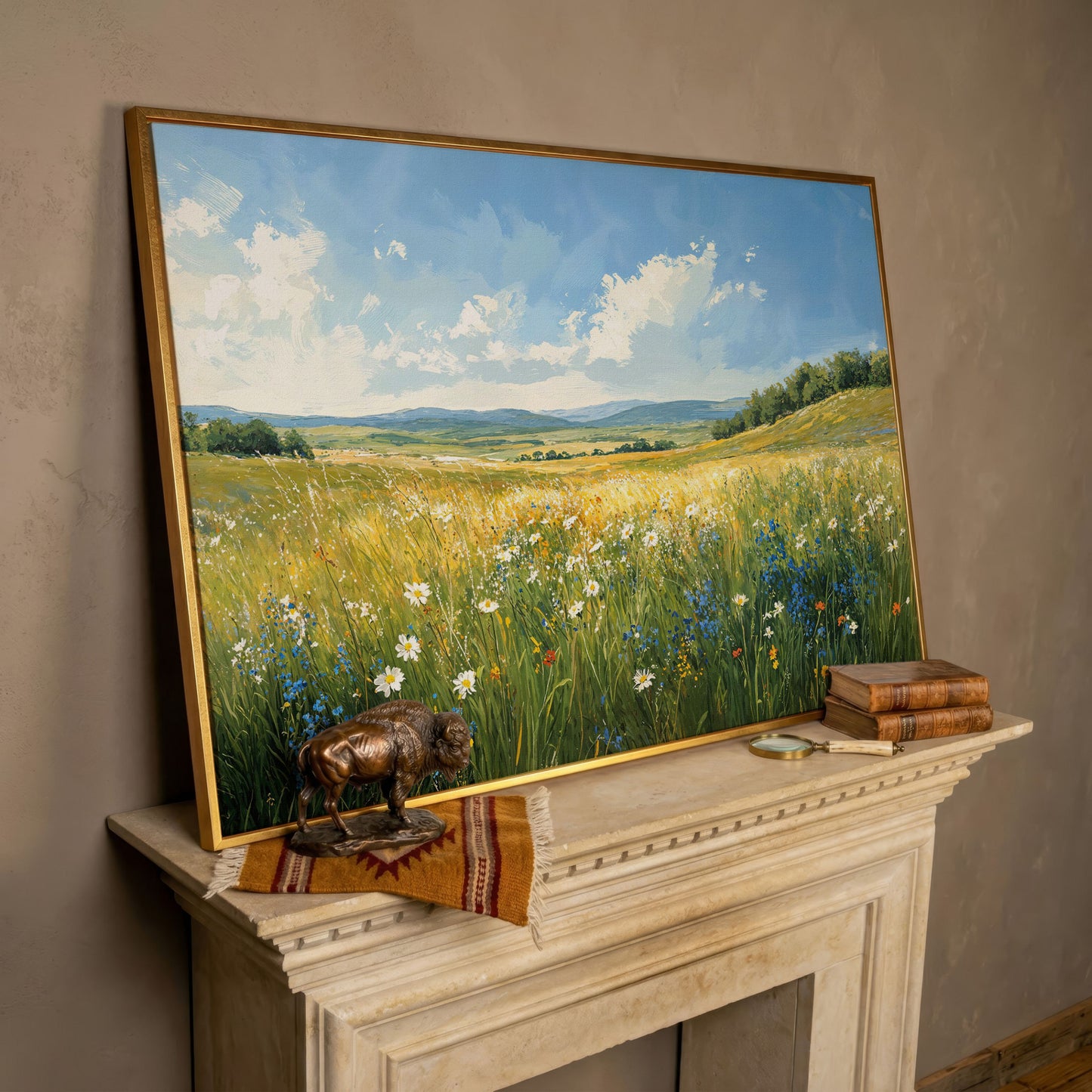 Serene Countryside with Wildflowers Canvas in rose gold floating frame
