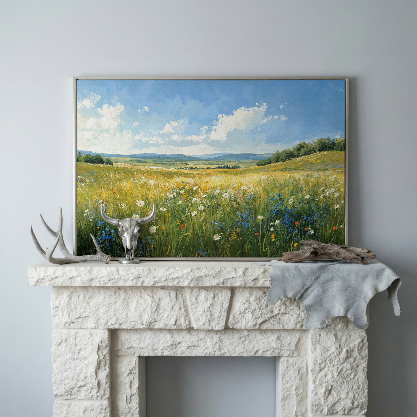 Serene Countryside with Wildflowers Canvas in silver floating frame