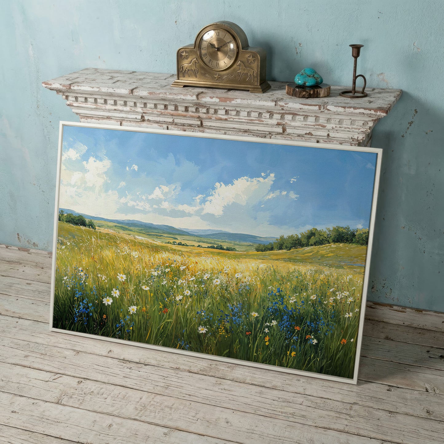 Serene Countryside with Wildflowers Canvas in white floating frame