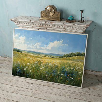 Serene Countryside with Wildflowers Canvas in white floating frame
