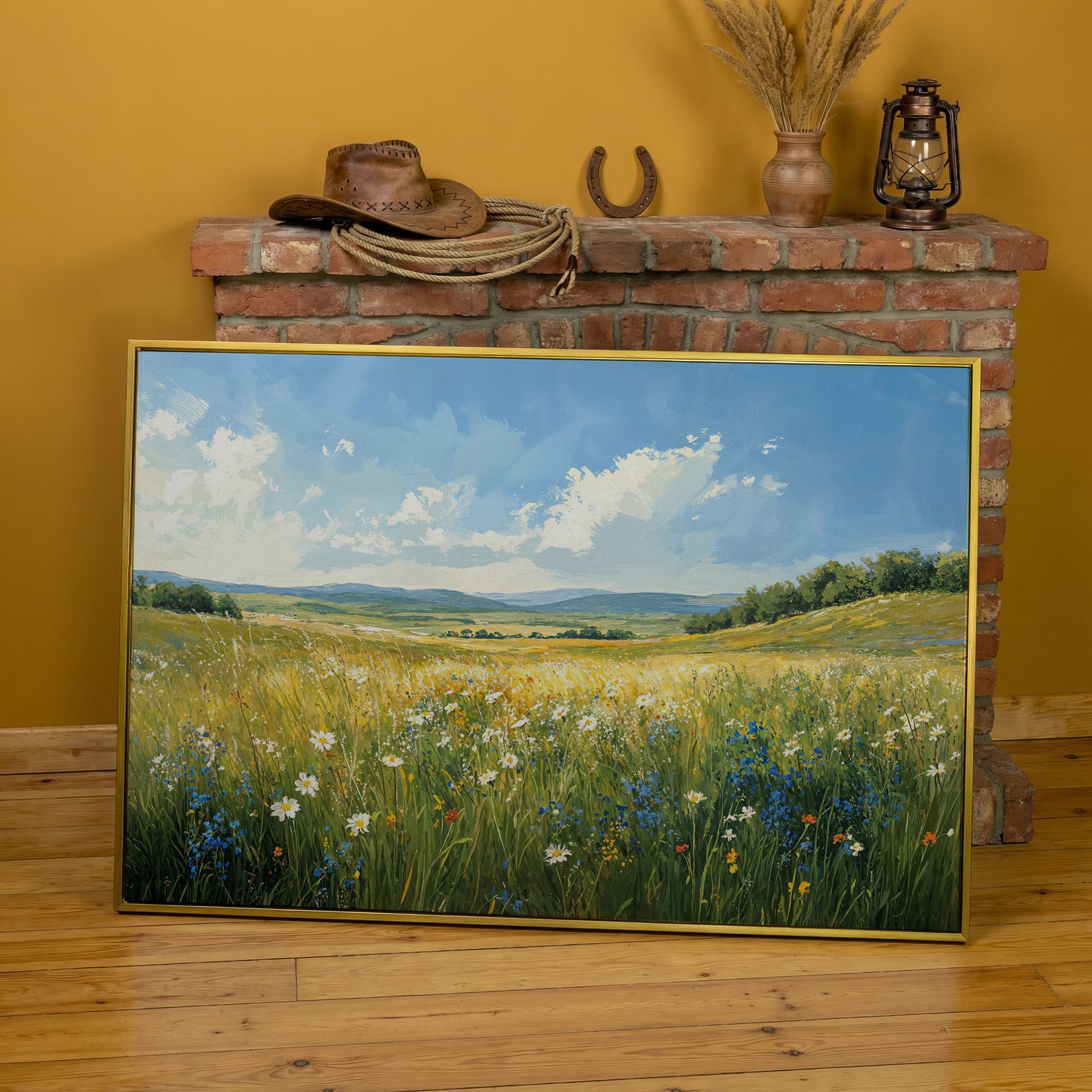 Serene Countryside with Wildflowers Canvas in yellow gold floating frame