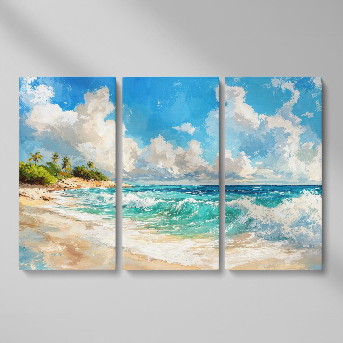 Serene Beach Landscape Canvas Print for Coastal Decor as 3-panel split version