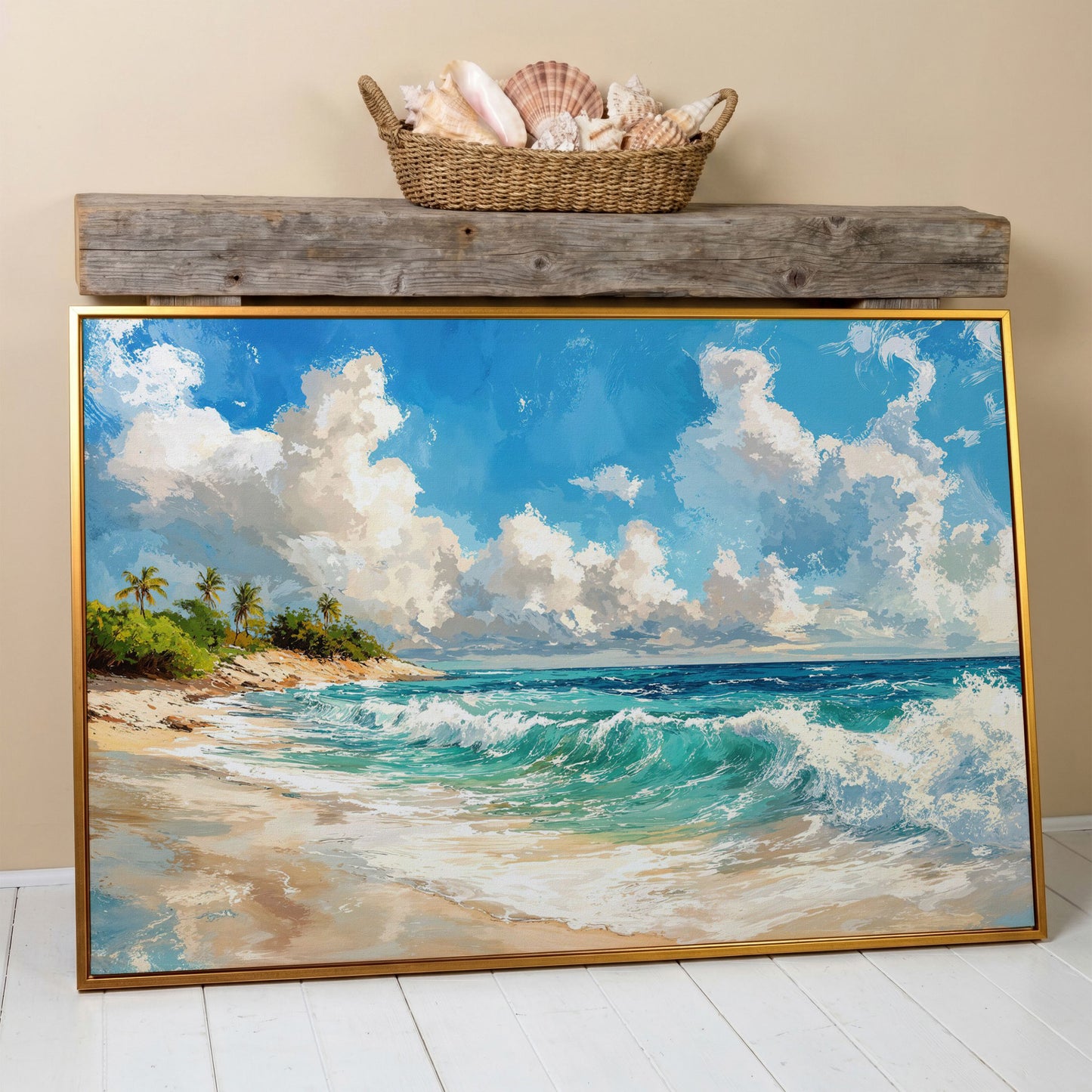 Serene Beach Landscape Canvas Print for Coastal Decor in antique gold floating frame
