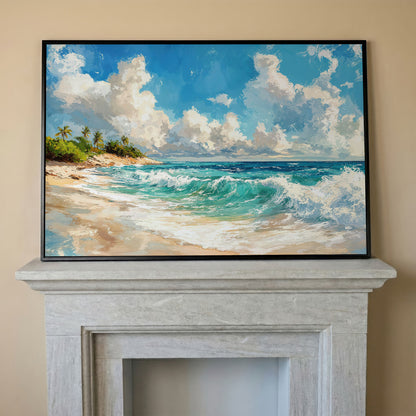 Serene Beach Landscape Canvas Print for Coastal Decor in black floating frame