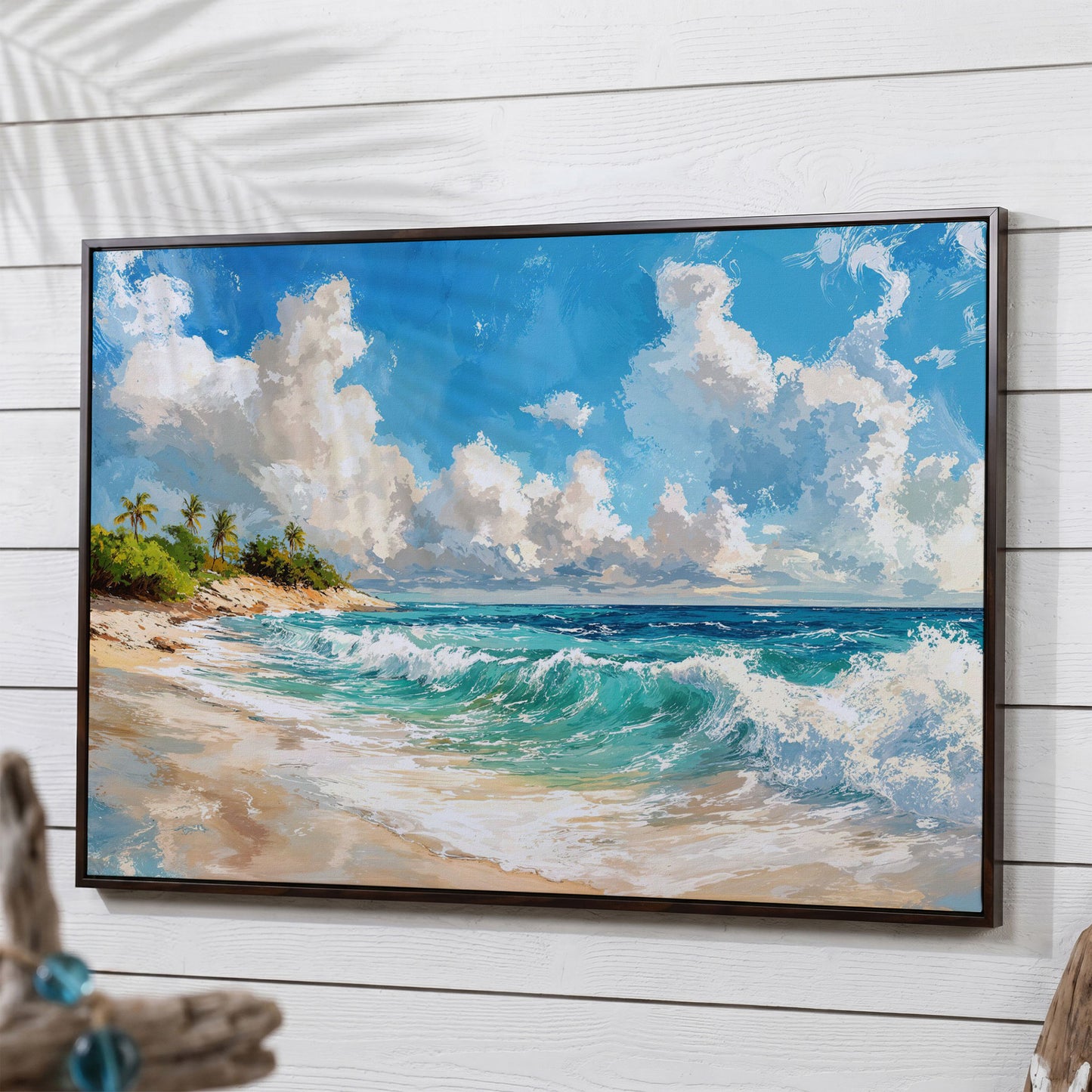 Serene Beach Landscape Canvas Print for Coastal Decor in dark walnut floating frame