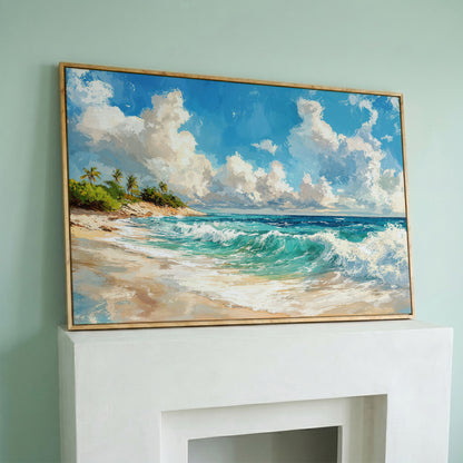 Serene Beach Landscape Canvas Print for Coastal Decor in white oak floating frame