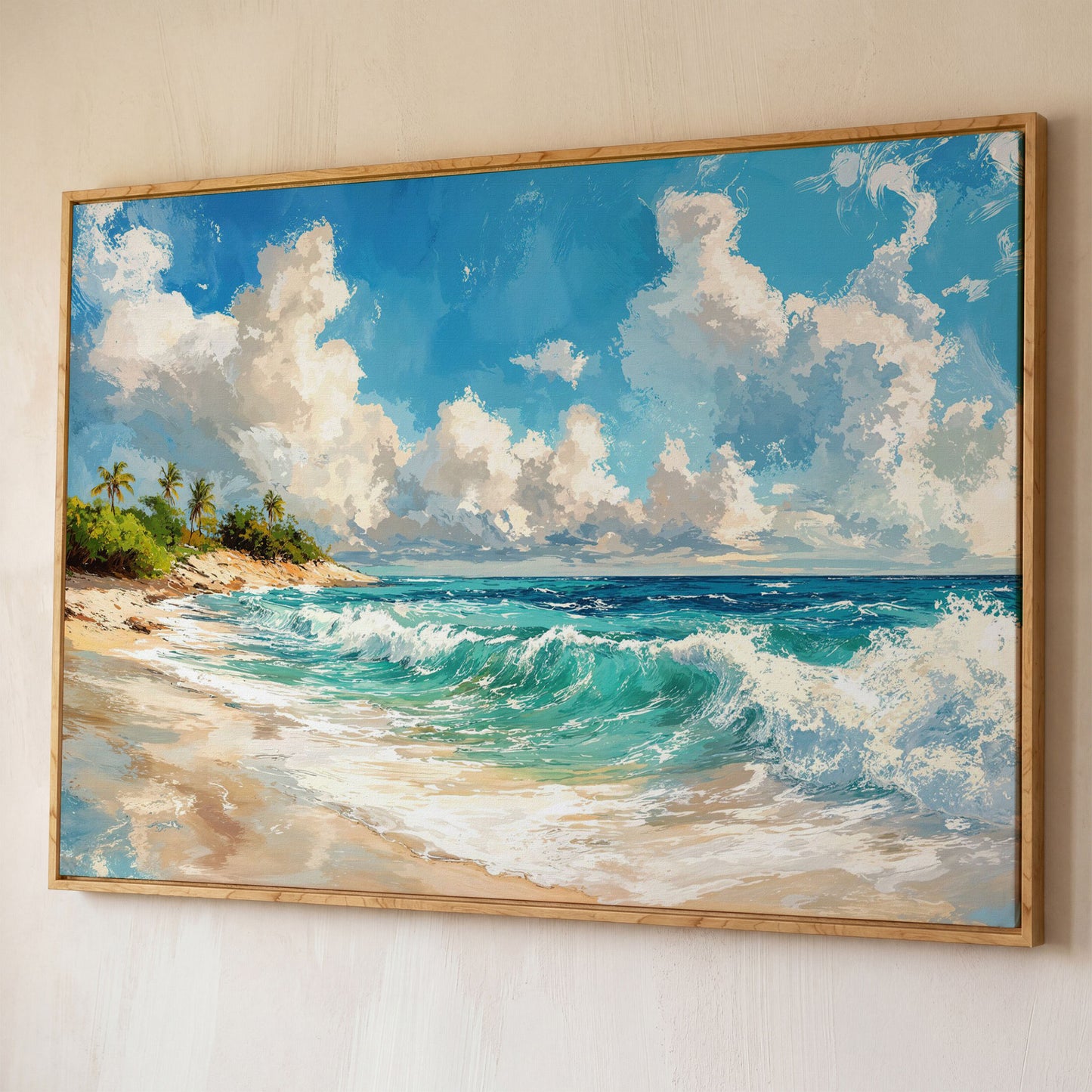 Serene Beach Landscape Canvas Print for Coastal Decor shown in white oak floating frame