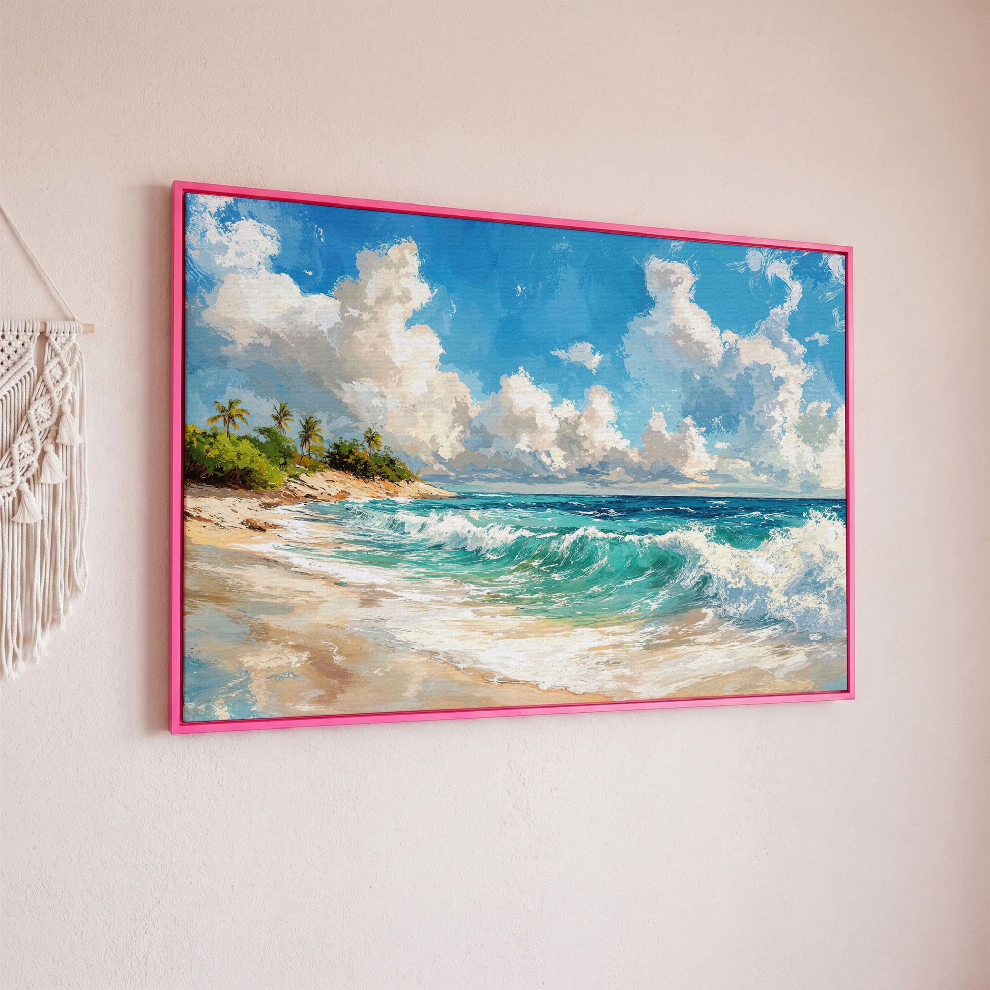 Serene Beach Landscape Canvas Print for Coastal Decor in pink floating frame