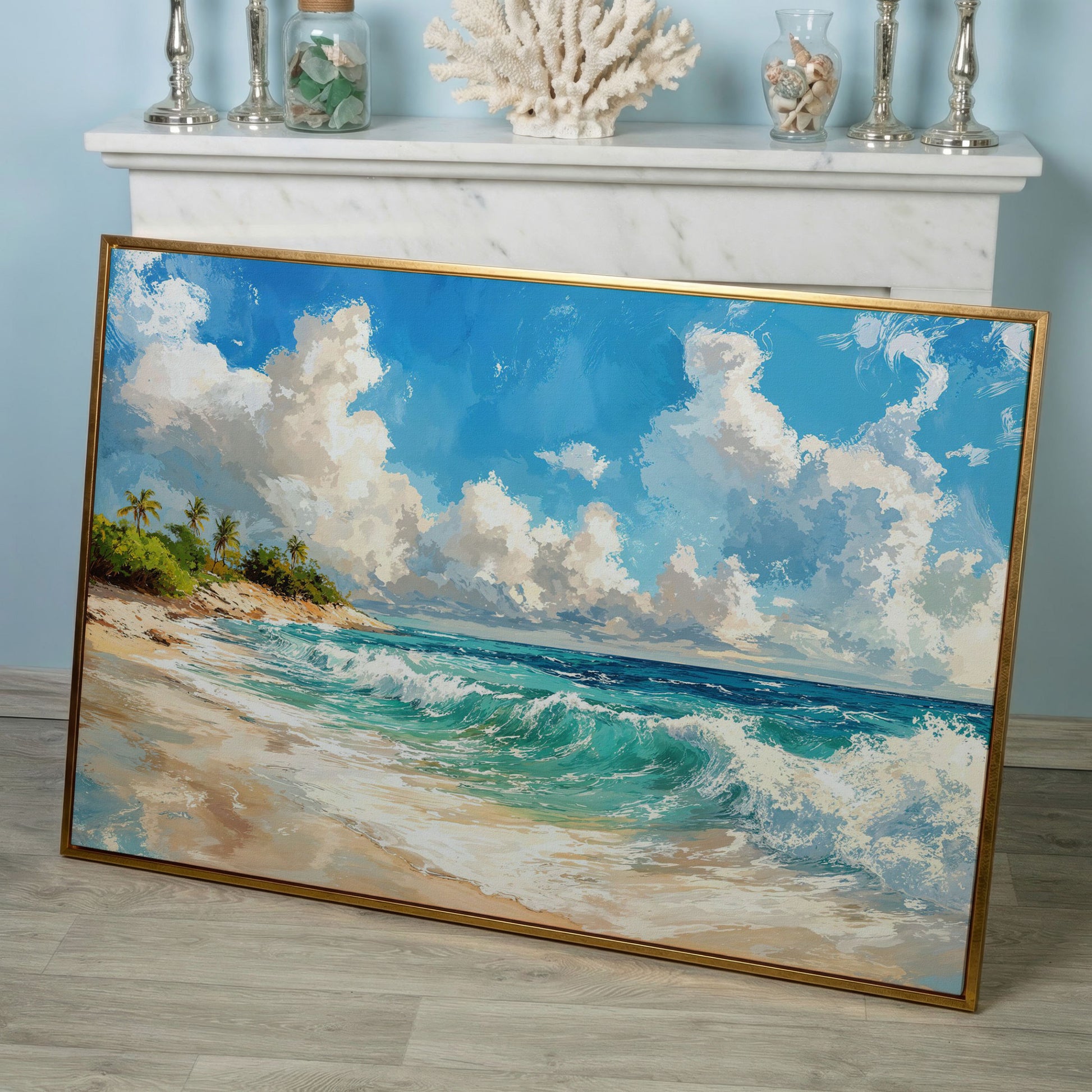 Serene Beach Landscape Canvas Print for Coastal Decor in rose gold floating frame