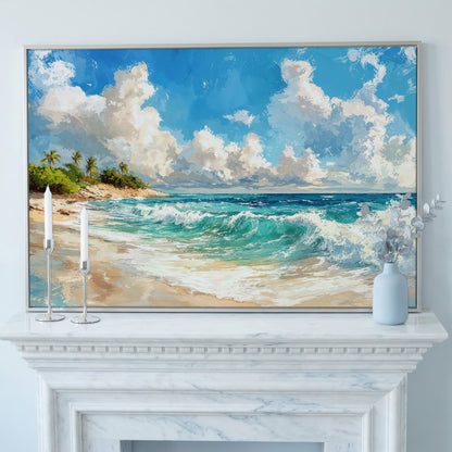 Serene Beach Landscape Canvas Print for Coastal Decor in silver floating frame