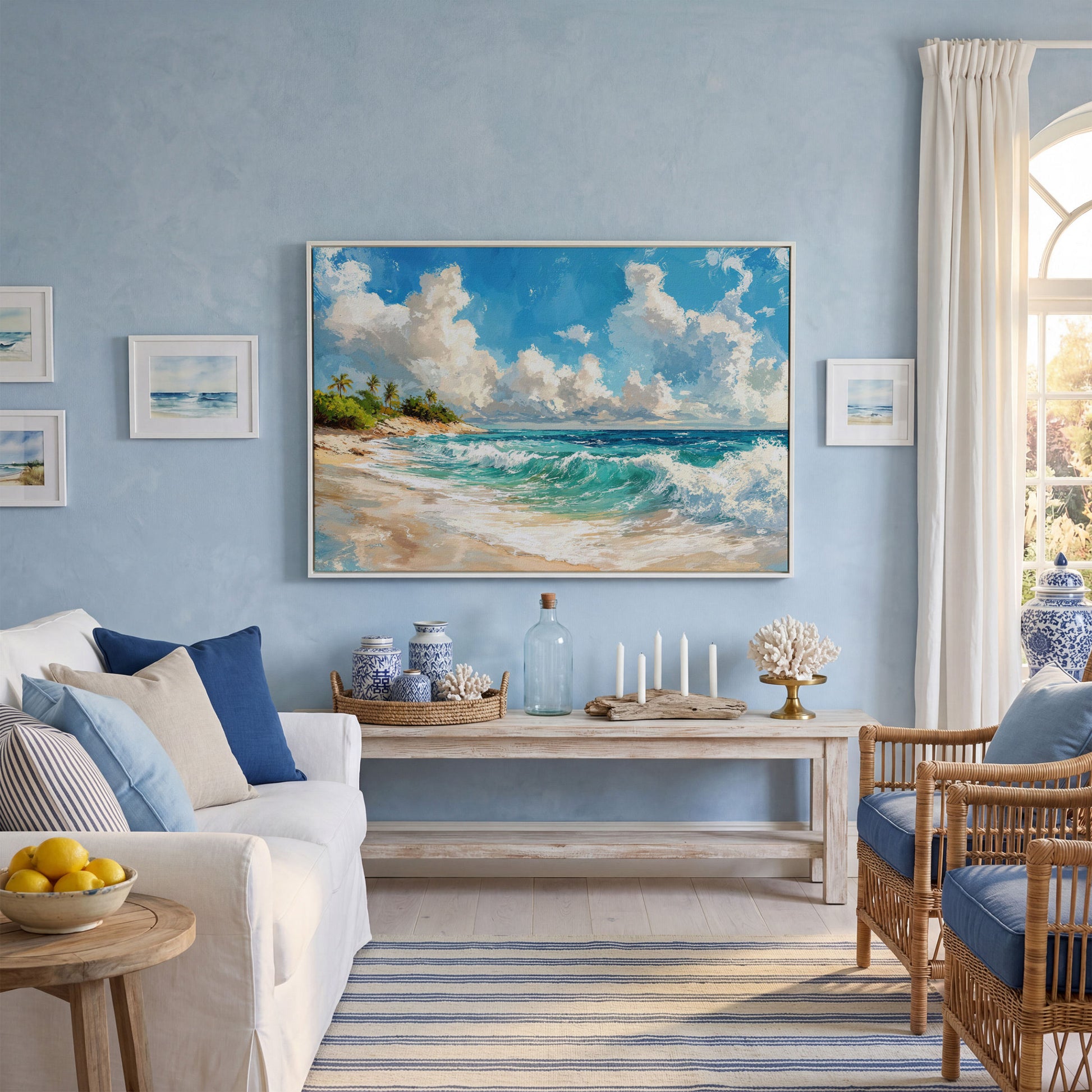 Serene Beach Landscape Canvas Print for Coastal Decor in white floating frame