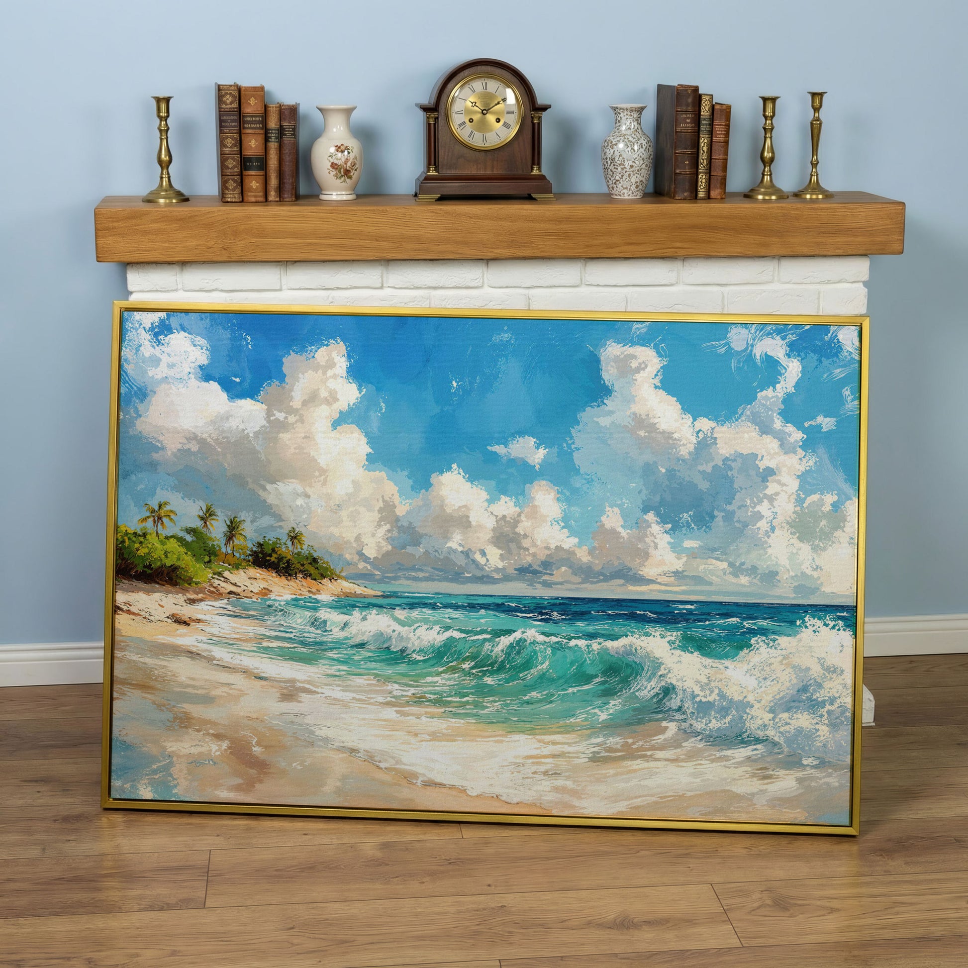 Serene Beach Landscape Canvas Print for Coastal Decor in yellow gold floating frame