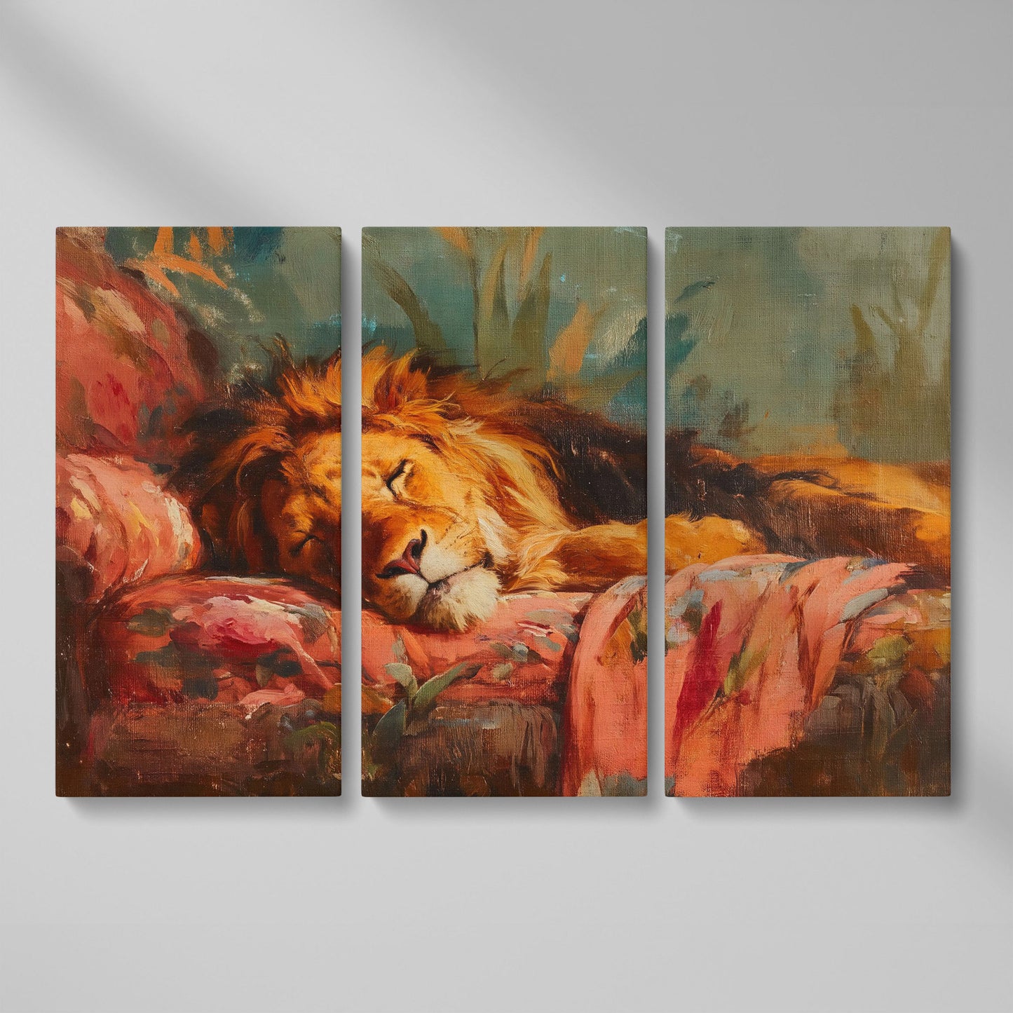 Sleeping Lion on a Floral Sofa. Colorful Wildlife Canvas Art as 3-panel split version