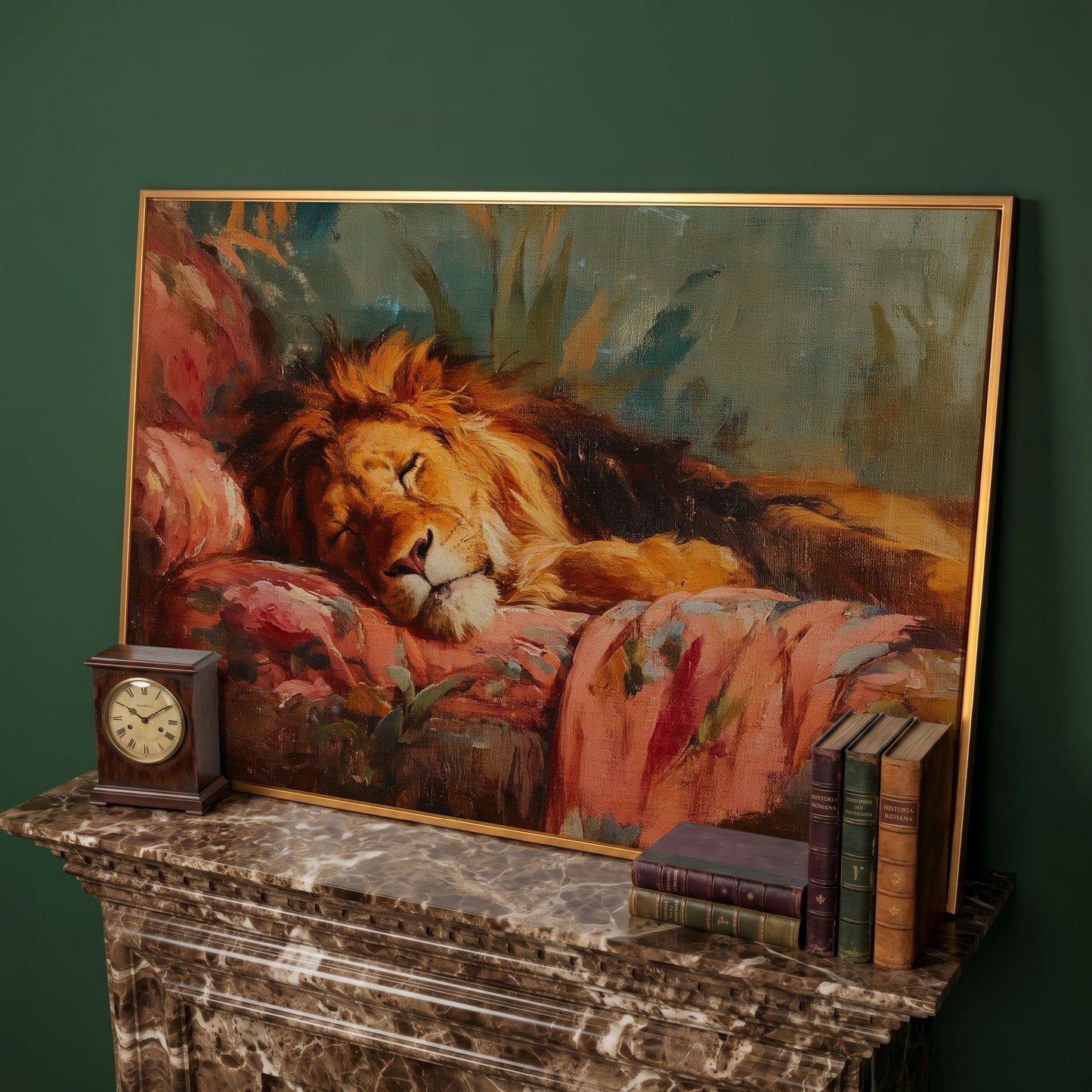 Sleeping Lion on a Floral Sofa. Colorful Wildlife Canvas Art in antique gold floating frame