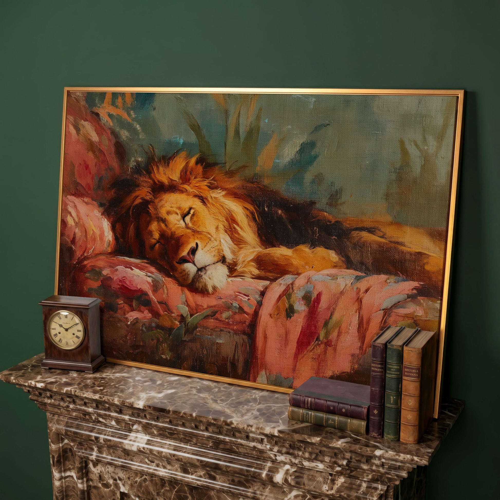 Sleeping Lion on a Floral Sofa. Colorful Wildlife Canvas Art in antique gold floating frame