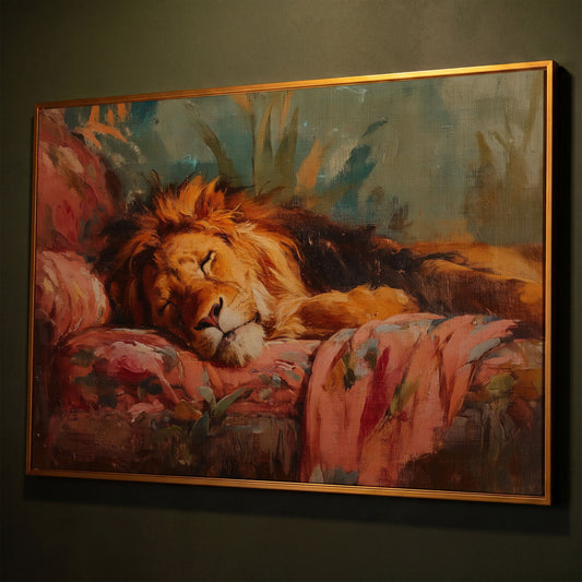 Sleeping Lion on a Floral Sofa. Colorful Wildlife Canvas Art shown in antique gold floating frame
