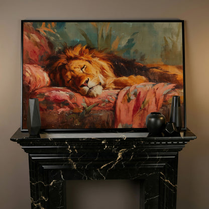 Sleeping Lion on a Floral Sofa. Colorful Wildlife Canvas Art in black floating frame