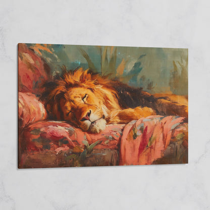 Sleeping Lion on a Floral Sofa. Colorful Wildlife Canvas Art on gallery wrap