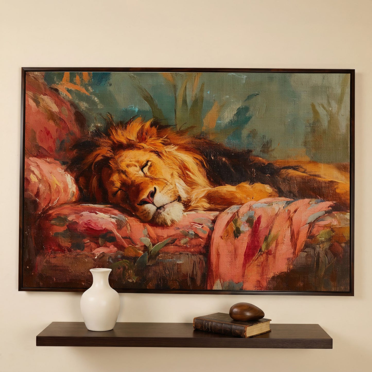 Sleeping Lion on a Floral Sofa. Colorful Wildlife Canvas Art in dark walnut floating frame