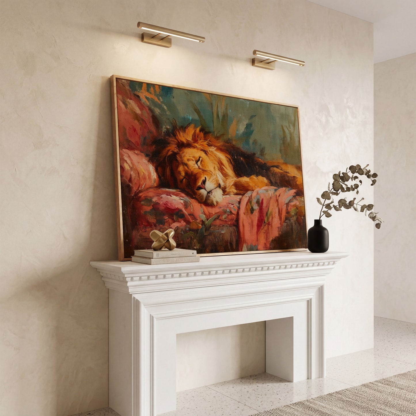 Sleeping Lion on a Floral Sofa. Colorful Wildlife Canvas Art in white oak floating frame