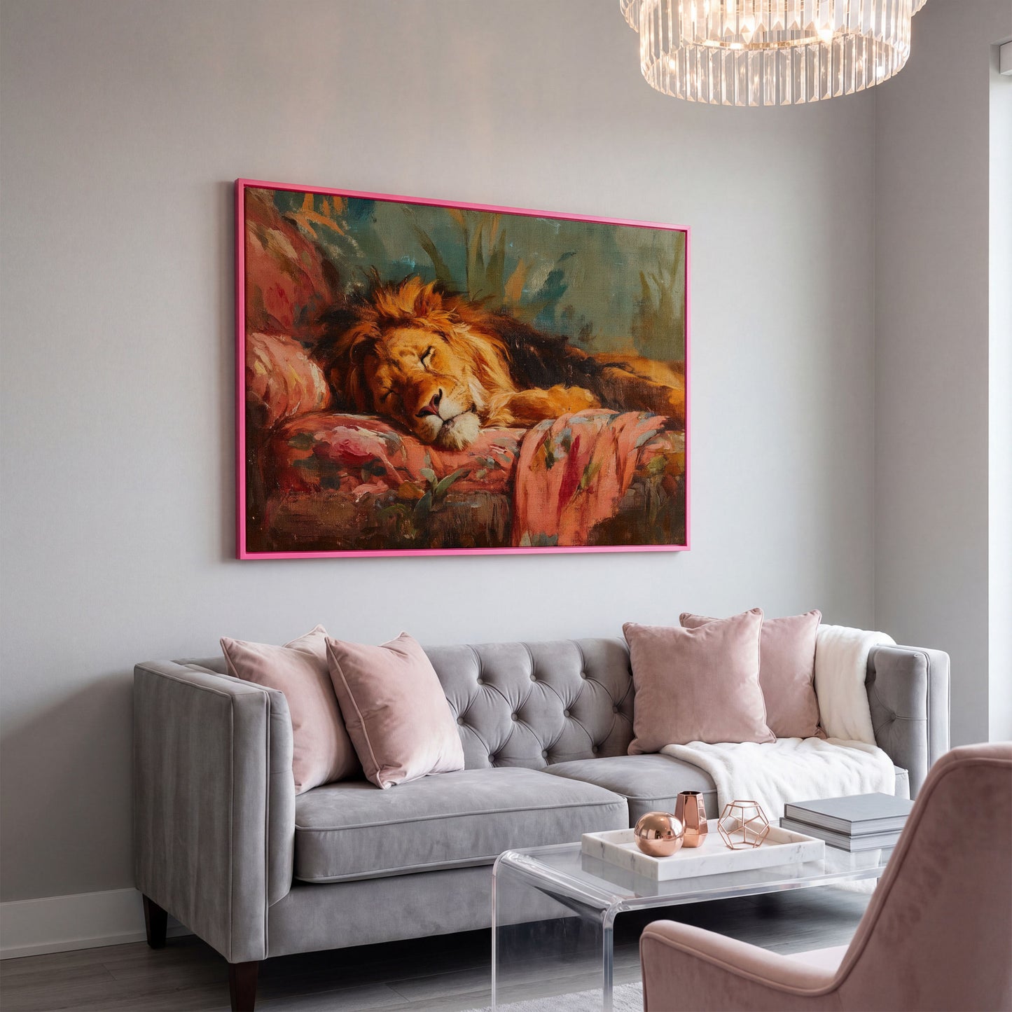 Sleeping Lion on a Floral Sofa. Colorful Wildlife Canvas Art in pink floating frame
