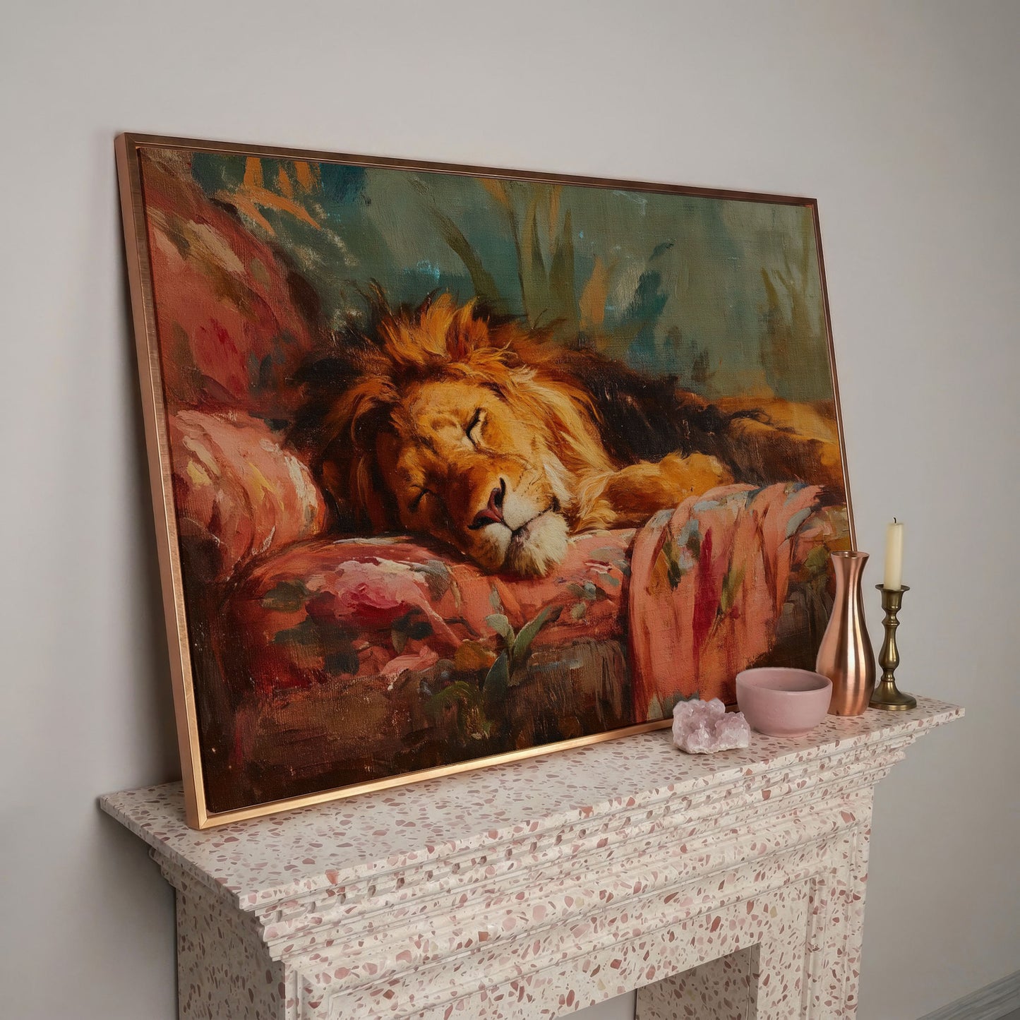 Sleeping Lion on a Floral Sofa. Colorful Wildlife Canvas Art in rose gold floating frame