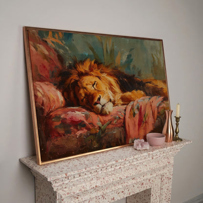 Sleeping Lion on a Floral Sofa. Colorful Wildlife Canvas Art in rose gold floating frame