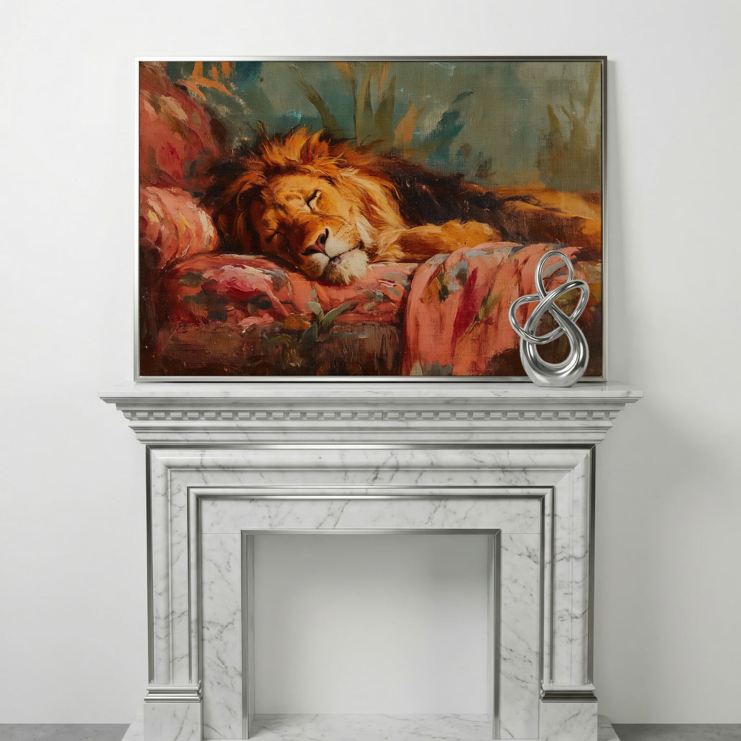Sleeping Lion on a Floral Sofa. Colorful Wildlife Canvas Art in silver floating frame