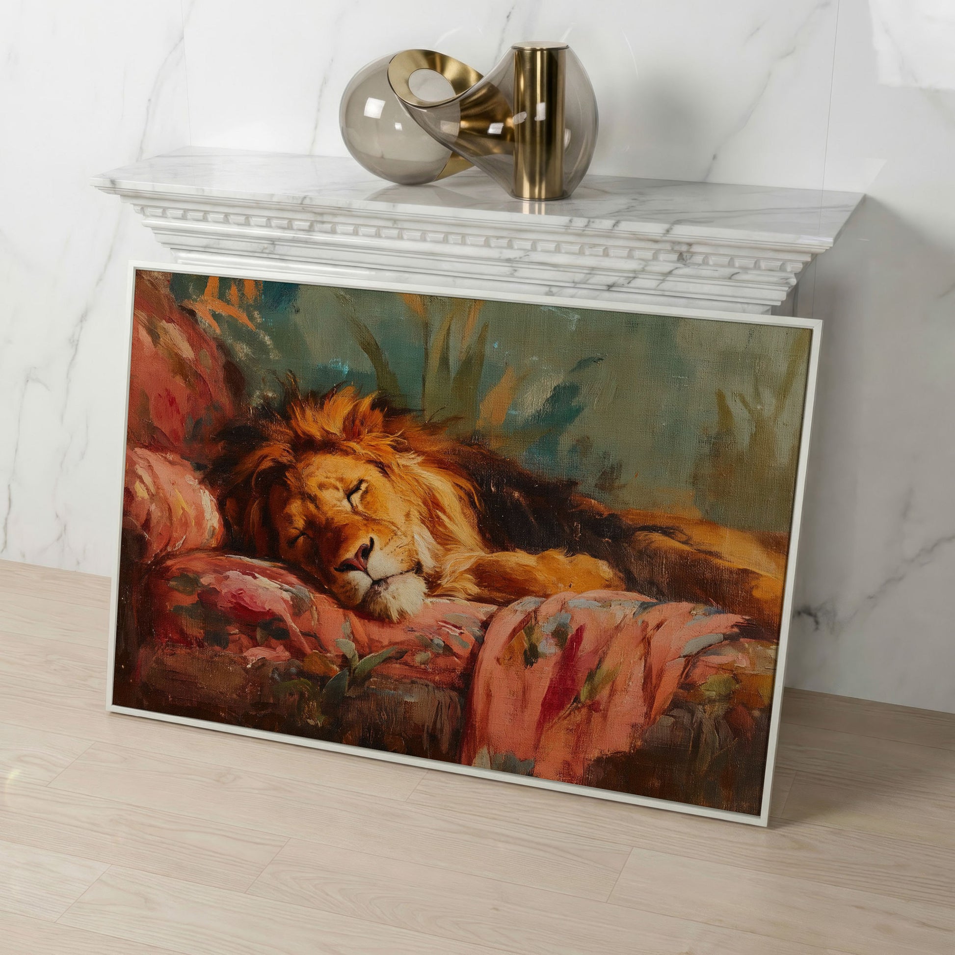 Sleeping Lion on a Floral Sofa. Colorful Wildlife Canvas Art in white floating frame