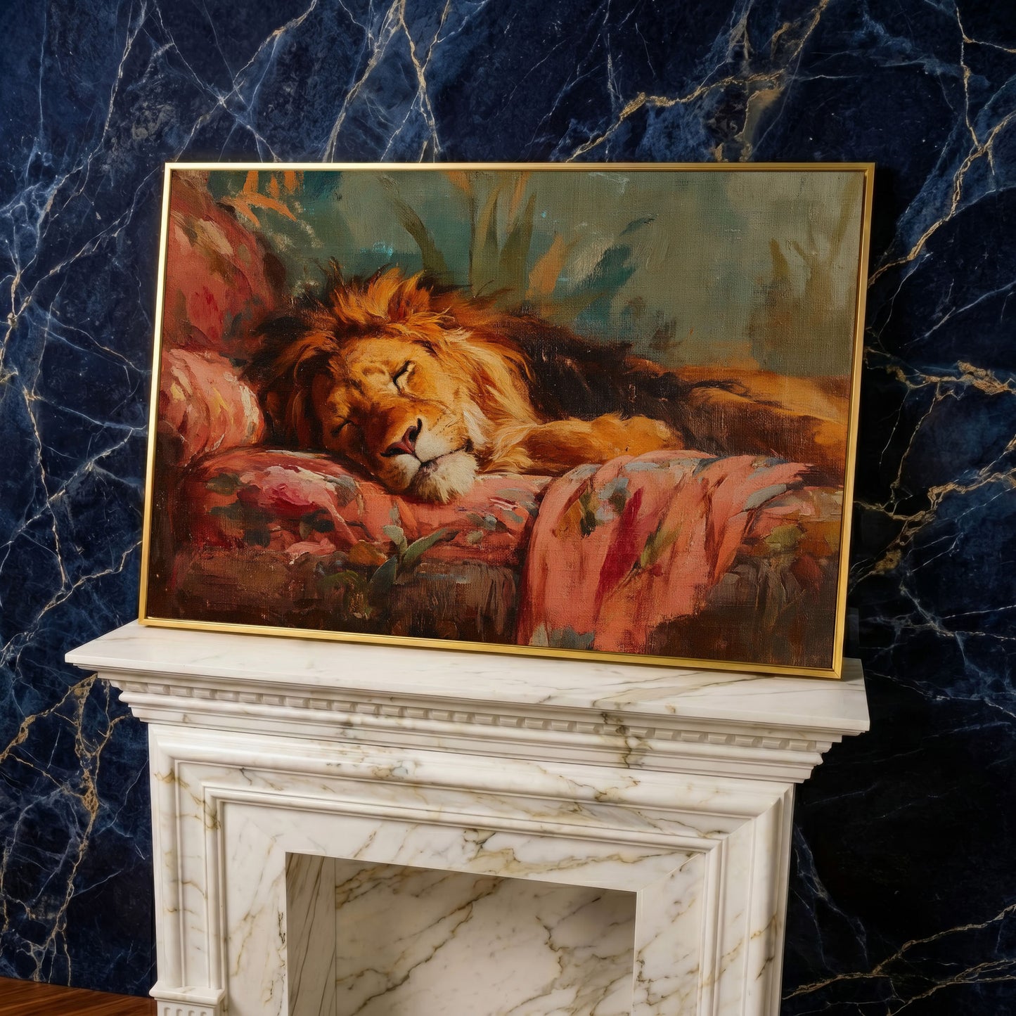 Sleeping Lion on a Floral Sofa. Colorful Wildlife Canvas Art in yellow gold floating frame
