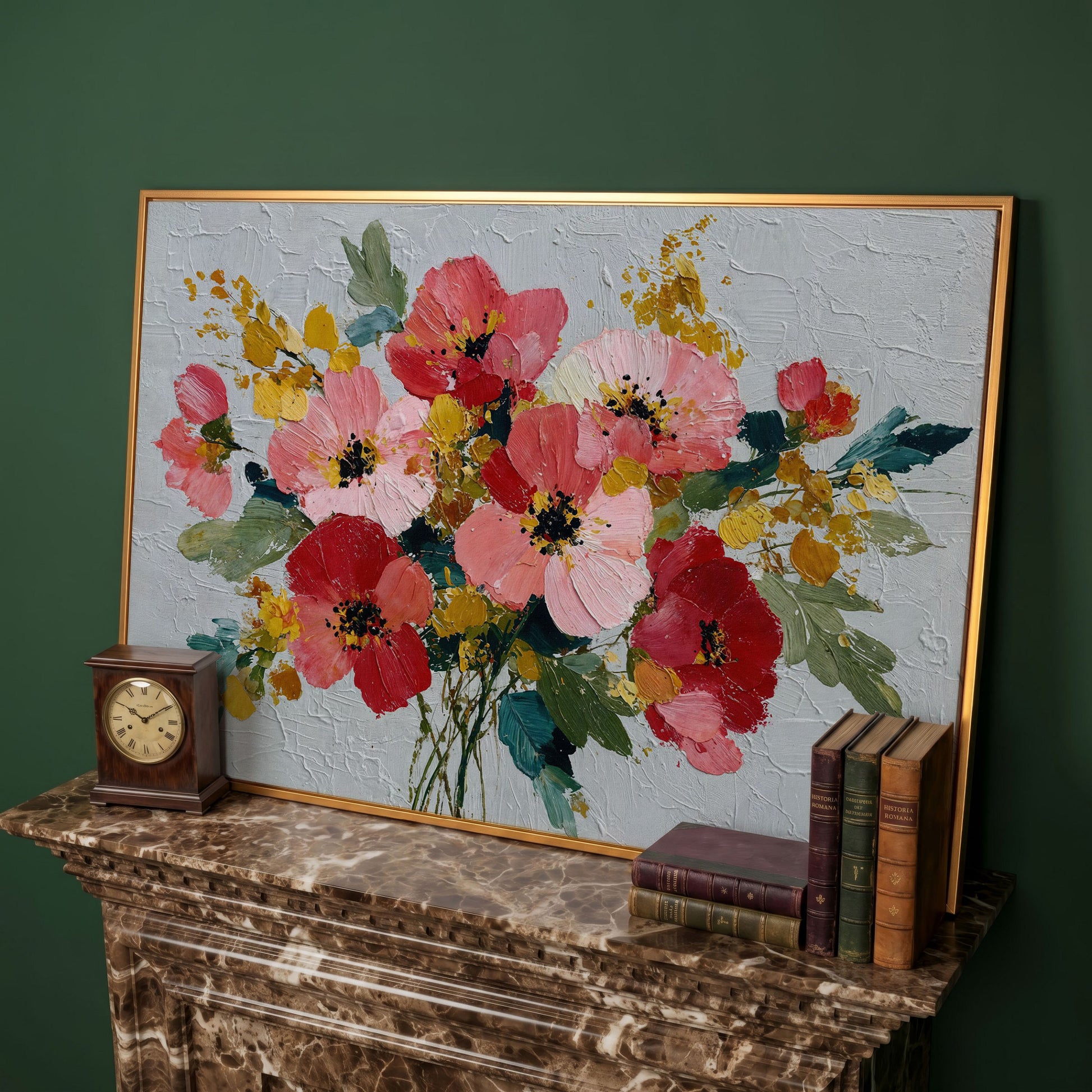 Poppy Wildflower Arrangement Canvas Wall Art in antique gold floating frame