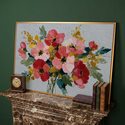 Poppy Wildflower Arrangement Canvas Wall Art in antique gold floating frame