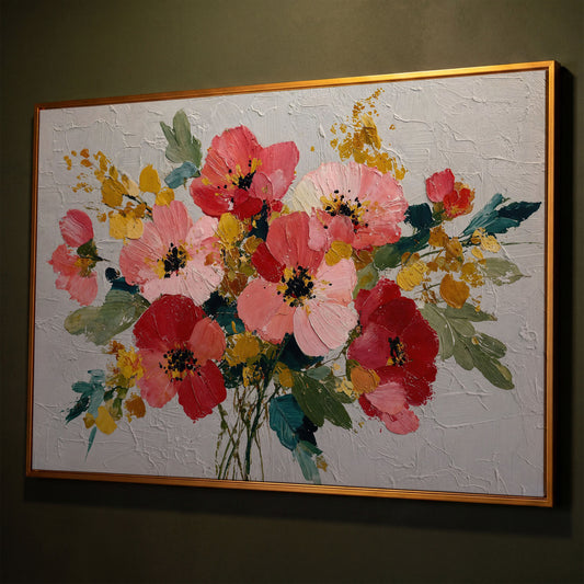 Poppy Wildflower Arrangement Canvas Wall Art shown in antique gold floating frame