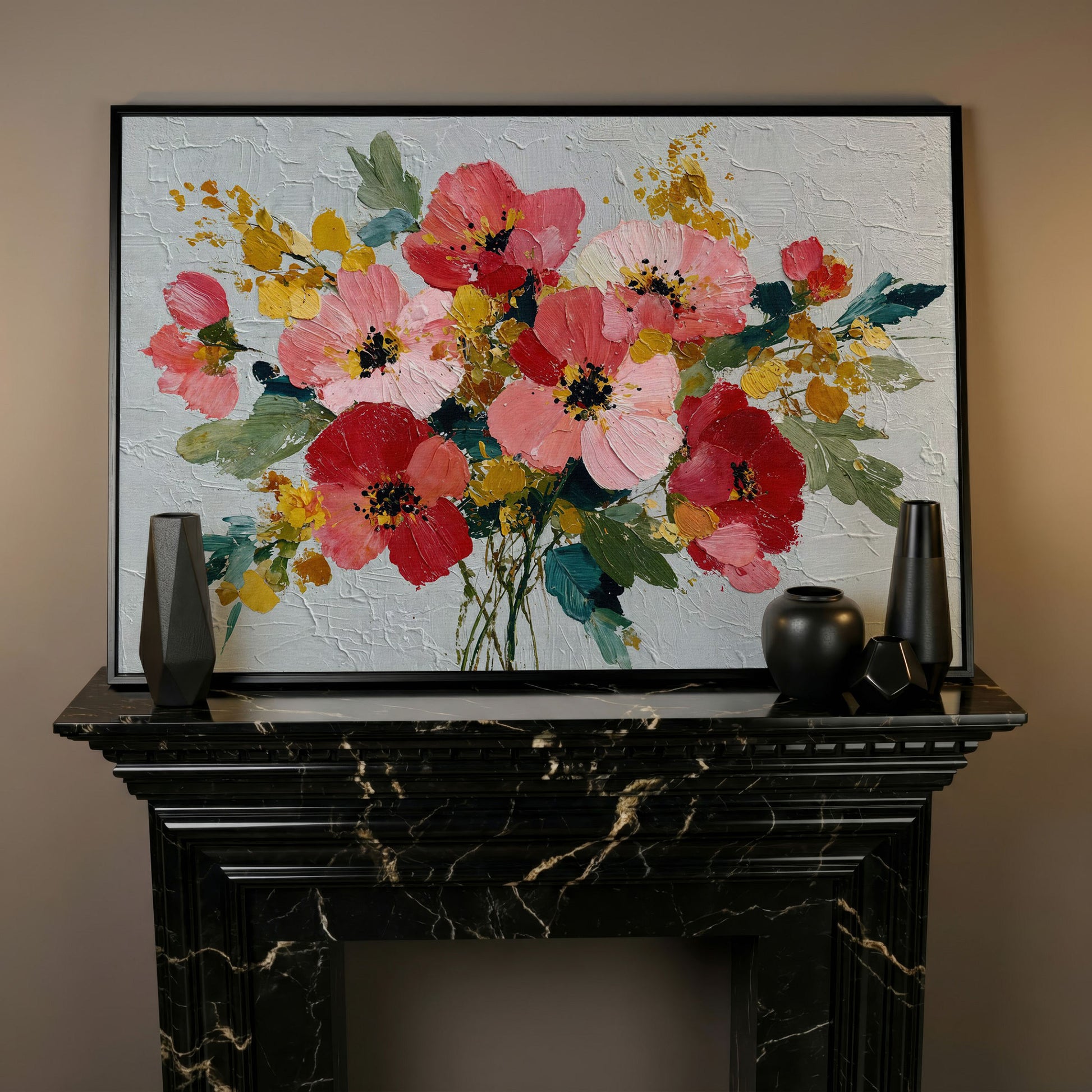 Poppy Wildflower Arrangement Canvas Wall Art in black floating frame