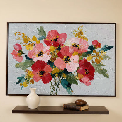 Poppy Wildflower Arrangement Canvas Wall Art in dark walnut floating frame