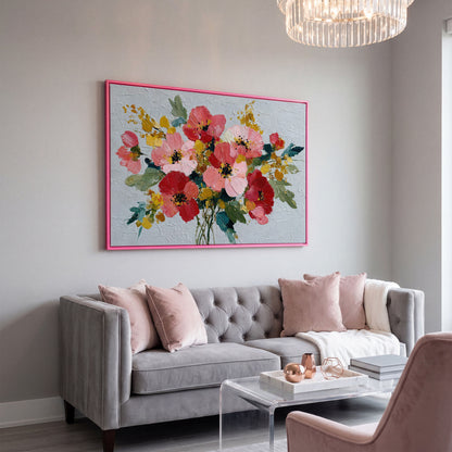 Poppy Wildflower Arrangement Canvas Wall Art in pink floating frame